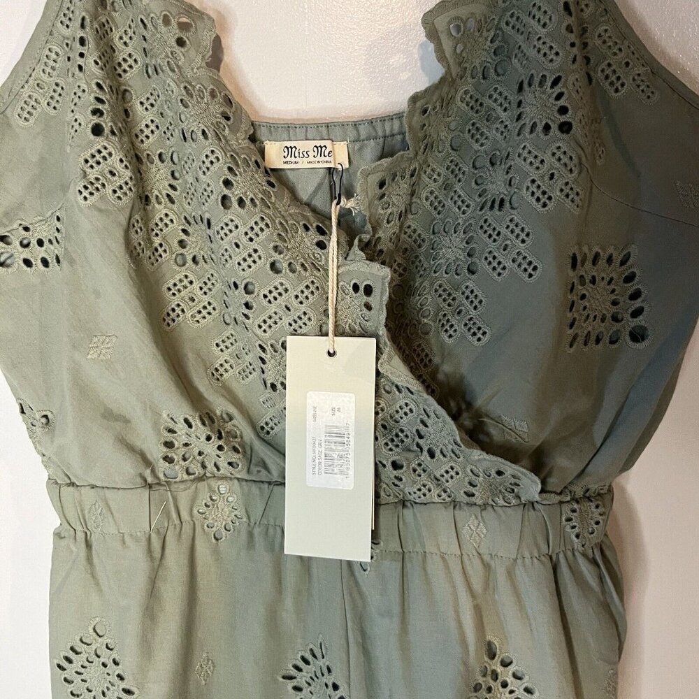 MISS ME Womens Green Romper Embroidered shorts sleeveless M scalloped feminine - Picture 3 of 10